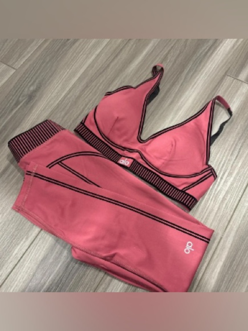 ALO Yoga Pink Sports Bra and Legging Set with Black Trim